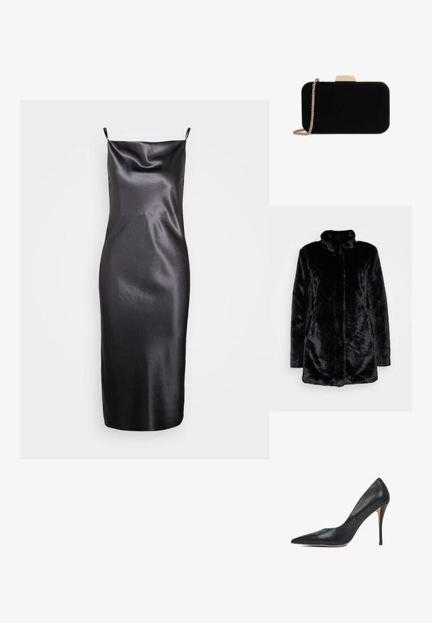 Schwarzer Kunstfellmantel mit hohem Kragen, weichem Bezug, langen Ärmeln und offenen Vorderteil. Keine sichtbaren Verschlüsse.; Samsøe Samsøe FREDERICKA LONG DRESS - Cocktailkleid/festliches Kleid - ombre dark; Schwarzer Leder-Hochabsatzpumps mit spitzer Spitze und schlankem Stilettoabsatz, von der Seite vor weißem Hintergrund betrachtet.; Schwarze Samt-Clutch mit goldfarbener Hardware, rechteckiger Form und Kettenriemen, mit glatter Textur und ohne sichtbare Muster.