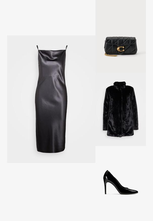 Zwarte nepbontjas met een hoge kraag, zachte textuur, lange mouwen en een open voorkant. Geen zichtbare sluitingen.; Samsøe Samsøe FREDERICKA LONG DRESS - Cocktailjurk - ombre dark; Zwarte pumps van gelakt leer met hoge naaldhak en spitse neus, zijaanzicht tegen een witte achtergrond.; Zwarte doorgestikte leren clutch met gouden metalen ketting en grote gouden "C" logo sluiting op de voorflap.