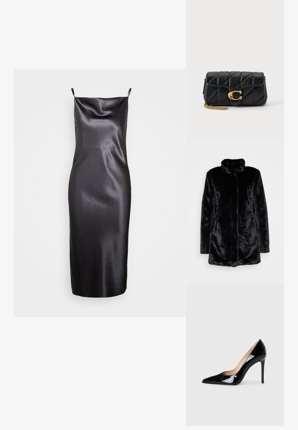 Zwarte nepbontjas met een hoge kraag, zachte textuur, lange mouwen en een open voorkant. Geen zichtbare sluitingen.; Samsøe Samsøe FREDERICKA LONG DRESS - Cocktailjurk - ombre dark; Zwarte lakleren hoge hakpumps met een puntige neus en een slanke silhouet. Heeft een gladde, glanzende afwerking en een slanke stilettohak.; Zwarte doorgestikte leren clutch met gouden metalen ketting en grote gouden "C" logo sluiting op de voorflap.