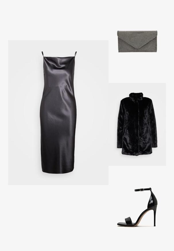 Schwarzer Kunstfellmantel mit hohem Kragen, weichem Bezug, langen Ärmeln und offenen Vorderteil. Keine sichtbaren Verschlüsse.; Samsøe Samsøe FREDERICKA LONG DRESS - Cocktailkleid/festliches Kleid - ombre dark; Schwarze, lacklederne High-Heel-Sandale mit offener Zehe, Knöchelriemen und einem eleganten, glänzenden Finish. Verfügt über einen schlanken Stiletto-Absatz.; Schwarze Stoffclutch mit strukturiertem, genopptem Muster und Umschlagverschluss, die eine schlanke rechteckige Form aufweist und keine sichtbaren Beschläge besitzt.