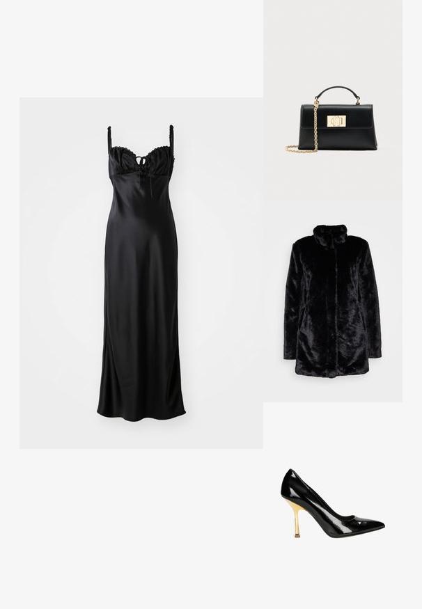 Schwarzer Kunstfellmantel mit hohem Kragen, weichem Bezug, langen Ärmeln und offenen Vorderteil. Keine sichtbaren Verschlüsse.; Schwarzes Satin-Maxikleid mit einem taillierten Oberteil, gewelltem Spitzenbesatz, verstellbaren Spaghetti-Trägern und einer Frontbindedetail.; Schwarze Lackleder-High Heels mit spitzem Zehenbereich und goldenem Stiletto-Absatz. Glatte, glänzende Oberfläche mit einem dezenten Ausschnitt-Design am Knöchel.; Schwarze Lederhandtasche mit einer strukturierten Form, die einen oberen Griff und einen goldfarbenen Kettenriemen besitzt. Dekorative goldene Beschläge mit Logodetail.
