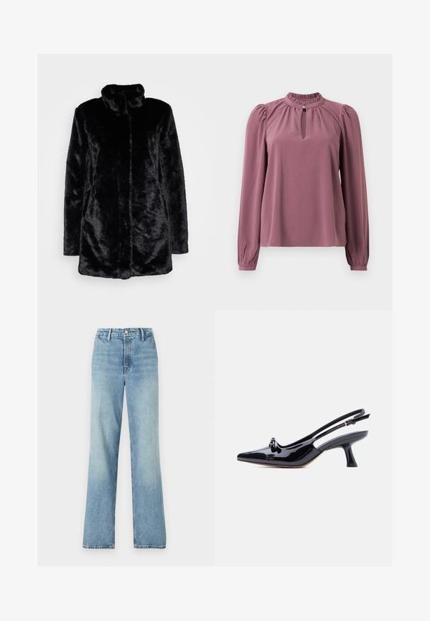 Zwarte nepbontjas met een hoge kraag, zachte textuur, lange mouwen en een open voorkant. Geen zichtbare sluitingen.; Mauve blouse met lange mouwen, geplooide kraag, keyhole halslijn met knoopsluiting en licht opgeblazen schouders.; Good American GOOD CARPENTER - Wide leg - indigo; Zwarte slingback schoen van lakleer met spitse neus, klein knoopdetail en uitlopende hak van gemiddelde hoogte op een witte achtergrond.