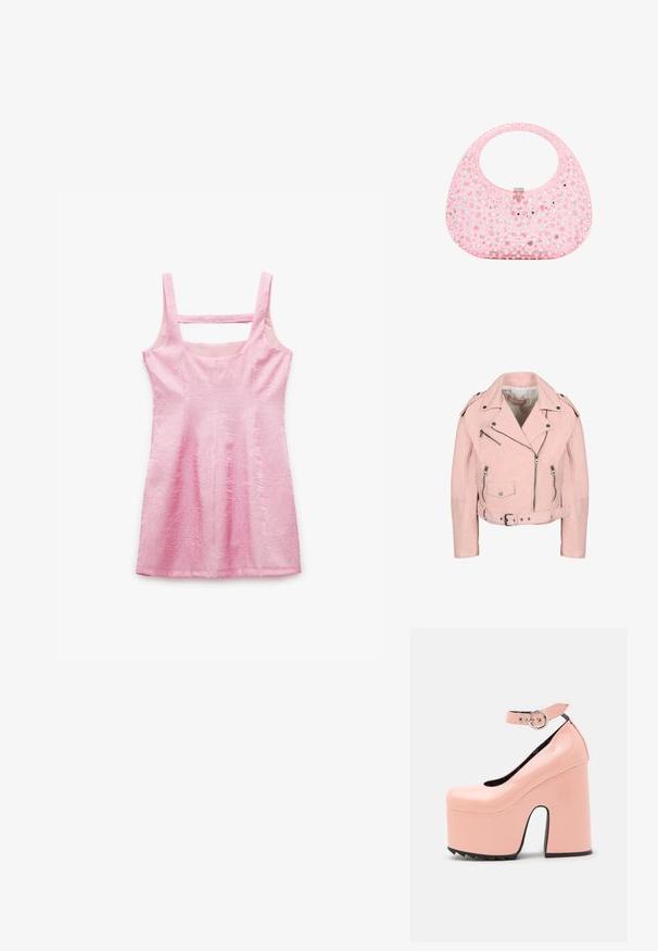 Lichtroze cropped bikerjack met zilveren ritsen, drukknopen, een riem in de taille en schouderepauletten.; Roze mouwloze jurk met een gestructureerde stof, rechte halslijn en vierkante uitsnede aan de achterkant. Heeft een getailleerde pasvorm en een zoom tot op de knie.; LAMODA POWER TRIP CHUNKY PLATFORM - Klassieke pumps - pink; Roze transparante handtas met ronde vorm, versierd met cirkelvormige zilveren studs, voorzien van een sluiting met bovenklep en een gladde textuur.