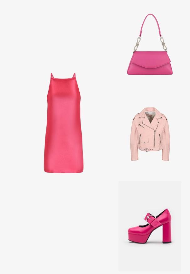 Hellrosa kurz geschnittene Bikerjacke mit silbernen Reißverschlüssen, Druckknöpfen, Gürtel in der Taille und Schulterpatten.; Satin-pinke ärmellose Kleid mit schlanker Passform, glatter Textur und geradem Saum, entworfen mit dünnen Trägern und einem minimalistischen Ästhetik.; LAMODA FORGET ME PLATFORM - High Heel Pumps - fuchsia; Pinkfarbene Lederhandtasche mit einer strukturierten Klappe und einem einzelnen Griff mit zwei silbernen strassbesetzten schleifenförmigen Applikationen.