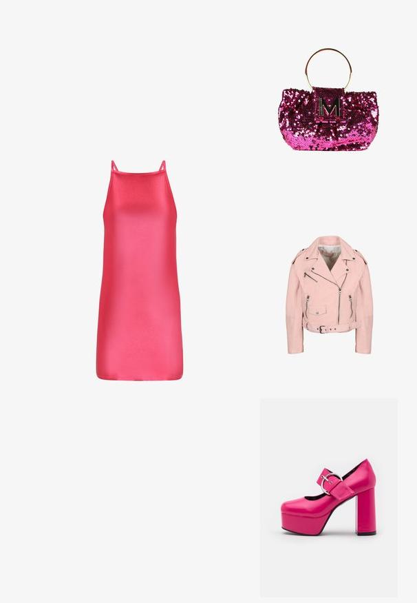 Chaqueta biker corta de color rosa claro con cremalleras plateadas, botones de presión, cinturón en la cintura y hombreras.; Vestido sin mangas de satén rosa que presenta un corte ajustado, textura suave y dobladillo recto, diseñado con tirantes finos y una estética minimalista.; LAMODA FORGET ME PLATFORM - Zapatos altos - fuchsia; Bolso de mano de lentejuelas rosas con un asa circular dorada y un logo con acentos en negro que presenta una "M". La textura es brillante y reflectante.