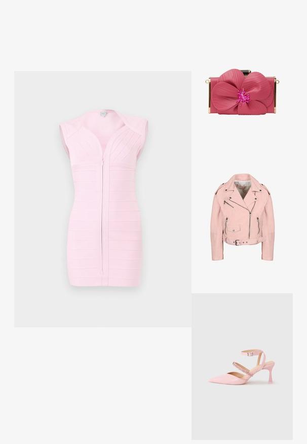 Lichtroze cropped bikerjack met zilveren ritsen, drukknopen, een riem in de taille en schouderepauletten.; Mouwloze lichtroze bandagedress met diepe V-hals en ritssluiting aan de voorkant, weergegeven op een effen achtergrond.; Roze leren damesschoen met hoge hak en puntige neus, voorzien van twee enkellussen en een decoratieve band met strasstenen. Heeft een stilettohak.; faina Clutch - rose