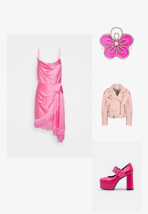 Chaqueta biker corta de color rosa claro con cremalleras plateadas, botones de presión, cinturón en la cintura y hombreras.; Cinq à Sept OCTAVIA DRESS - Vestido de cóctel - flamingo; LAMODA FORGET ME PLATFORM - Zapatos altos - fuchsia; Clutch en forma de flor de satén rosa adornada con rhinestones claros y un detalle de perla central, con acentos en forma de lágrima.