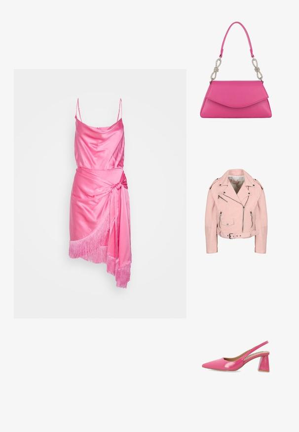 Hellrosa kurz geschnittene Bikerjacke mit silbernen Reißverschlüssen, Druckknöpfen, Gürtel in der Taille und Schulterpatten.; Cinq à Sept OCTAVIA DRESS - Cocktailkleid/festliches Kleid - flamingo; Glänzend rosa Slingback-Schuh mit spitzer Zehenpartie und breitem, schräg gestelltem Blockabsatz, im Profil auf weißem Hintergrund dargestellt.; Pinkfarbene Lederhandtasche mit einer strukturierten Klappe und einem einzelnen Griff mit zwei silbernen strassbesetzten schleifenförmigen Applikationen.