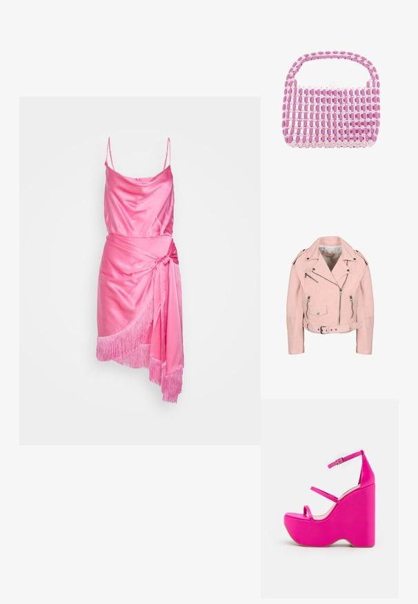 Lyserød kort bikerjakke med sølv lynlåse, trykknapper, bælte i taljen og skulderepauletter.; Cinq à Sept OCTAVIA DRESS - Cocktailkjole / festkjole - flamingo; Lyserøde platform sandaler med en høj kilehæl, der har to tynde stropper foran og en ankelrem med en metallisk spænde. Glat tekstur.; Lille håndtaske lavet af skiftevis rækker af pink ovale og klare runde perler med en perlehåndtag og lukning.