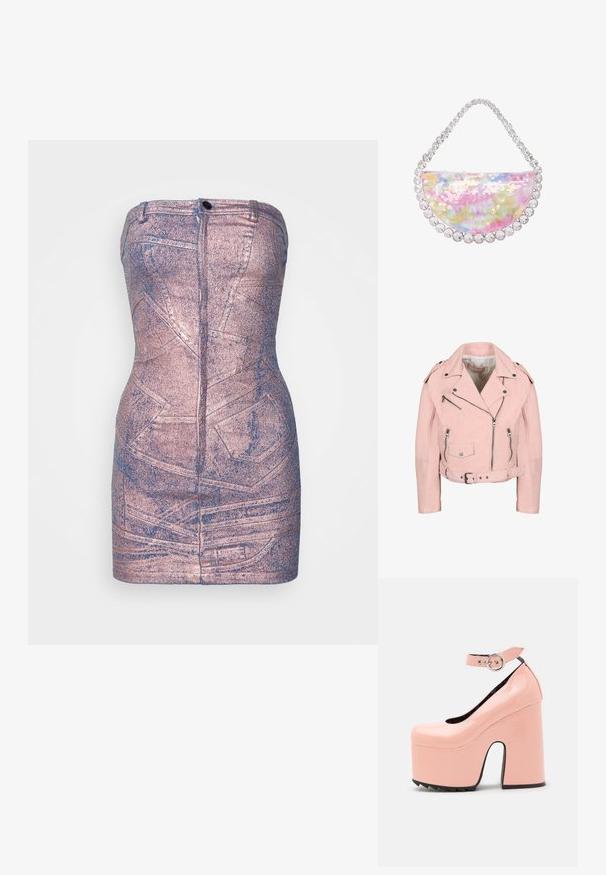 Lichtroze cropped bikerjack met zilveren ritsen, drukknopen, een riem in de taille en schouderepauletten.; Sinead Gorey DISTRESSED PATCHWORK POCKET MINIDRESS WITH ZIP UP FRONT - Spijkerjurk - pink; LAMODA POWER TRIP CHUNKY PLATFORM - Klassieke pumps - pink; Halve maan handtas met meerkleurige sequins, voorzien van een handvat met kristallen accenten en een zachte, textuurrijke oppervlakte.