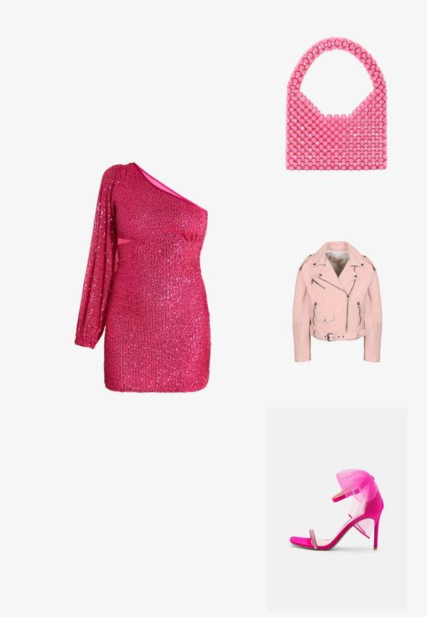 Lyserød kort bikerjakke med sølv lynlåse, trykknapper, bælte i taljen og skulderepauletter.; Én skulder hotpink minikjole med lang palietærmem og tætsiddende silhuet, med glitrende stof og udsavning ved taljen.; Varme pink høje hæle sandaler med mesh tulle accent, åben tå, tynd ankelrem og udsmykkede rhinestone detaljer foran.; Lyserød perlehandtaske med rund hank og åbent design, konstrueret af glatte, sfæriske perler med blanke accenter.