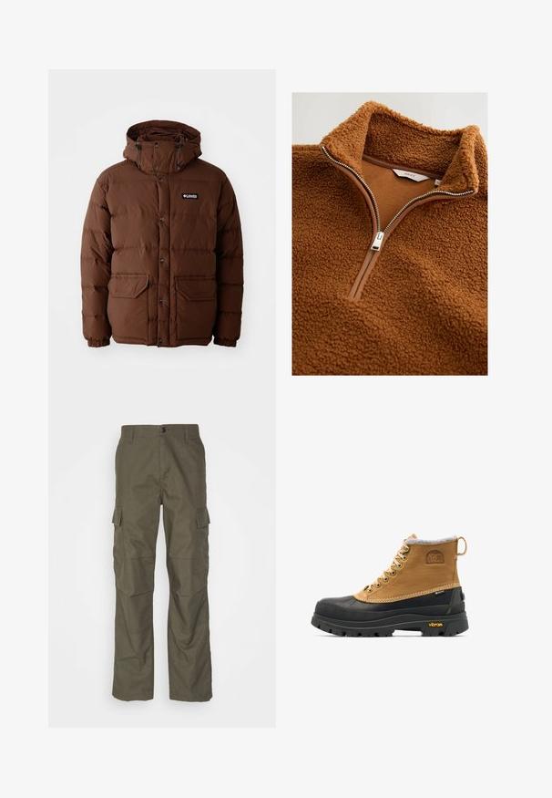 Brun pufferjakke med hætte, der har lynlås lukning, trykknapper og to forlommer. Fremstillet af quiltet, vandafvisende materiale.; Brun fleece-pullover med høj krave, halv-lynlås design, tekstureret overflade og glat foer med sølv lynlås hardware.; Olivenfarvede cargo bukser med lige snit, lavet af tekstureret stof. Har store sidelommer og knaplukning.; Brun og sort isoleret snørestøvle til vinter med gummisål og Vibram-mønster, med Sorel- og Gore-Tex-logoer.