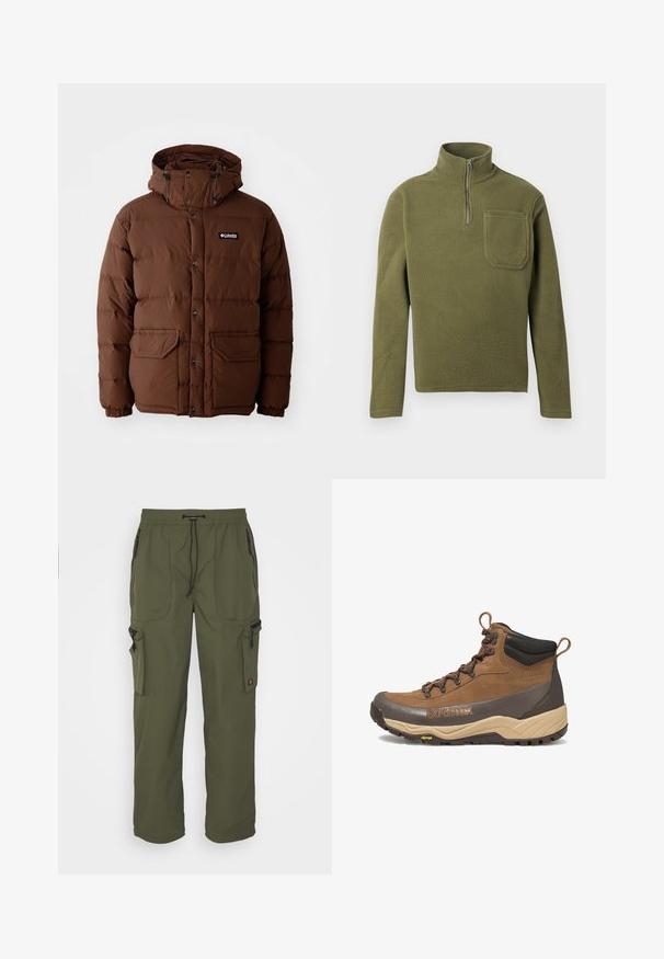 Brun pufferjakke med hætte, der har lynlås lukning, trykknapper og to forlommer. Fremstillet af quiltet, vandafvisende materiale.; Oliven grøn fleece-pullover med halvlukket krave, lange ærmer og en brystlomme. Blød tekstur med et holdbart design.; Oliven grøn cargo bukser lavet af let materiale, med elastisk talje, snorelukning og flere lynlåslommer.; Brun og beige vandrestøvle i mellem højde med sort polstret krave, Gore-Tex-logo, metaløjer og Vibram-ydersål.