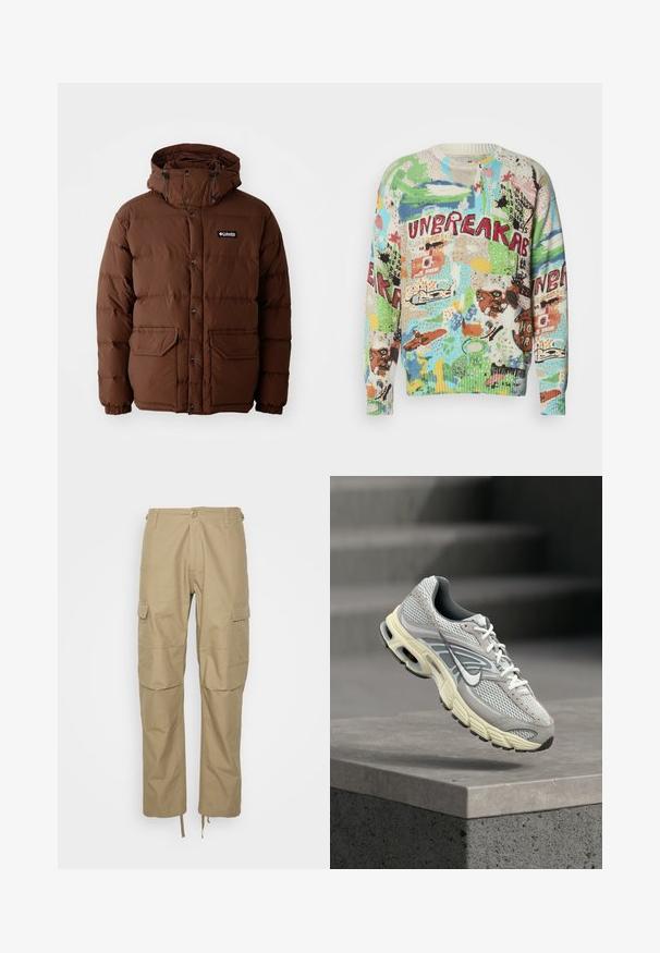 Brun pufferjakke med hætte, der har lynlås lukning, trykknapper og to forlommer. Fremstillet af quiltet, vandafvisende materiale.; Strikket sweater med flerfarvet abstrakt print og ordet "UNBREAKABLE" i rødt, rund hals, ribstrikkede manchetter og kant. Blød tekstur.; Khaki cargo bukser lavet af letvægtsstof, med flere sidelommer, en afslappet pasform og justerbare snore i bunden.; Grå og hvid Nike løbesko med polstret sål, svævende over et betontrin i et udendørs miljø.