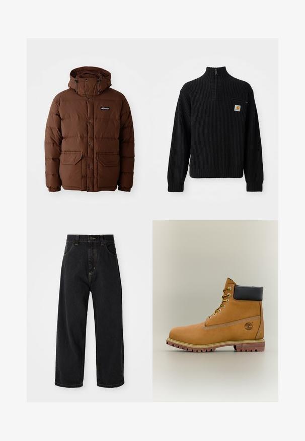 Brun pufferjakke med hætte, der har lynlås lukning, trykknapper og to forlommer. Fremstillet af quiltet, vandafvisende materiale.; Sort ribbet strikket sweater med høj hals, halv lynlås og en lille brystlomme med et logo. Langærmer og struktureret stof.; Sorte denim jeans med vide ben og høj talje, frontknap, lynlås samt gule syninger på lommer og sømme.; Brun læderankelstøvle med sort krave, gule snørebånd og tanfarvet sål. Har logo og hvide syninger som detalje. Robust ydersål med greb.