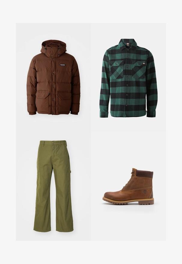 Chaqueta de plumón marrón con capucha, que cuenta con cierre de cremallera, botones a presión y dos bolsillos frontales. Fabricada con material acolchado y resistente al agua.; Camisa de franela a cuadros verdes y negros, con mangas largas, cierre de botones en la parte frontal, dos bolsillos en el pecho y cuello clásico. Textura suave, diseño versátil.; Pantalones de pernera ancha en verde oliva, confeccionados con una tela resistente, que presentan un cierre de botón, bolsillos laterales y un diseño de dobladillo recto.; Botas de senderismo de cuero marrón con un acabado suave, tobillo acolchado, ojales de metal y suela de goma con un patrón de tracción robusto.