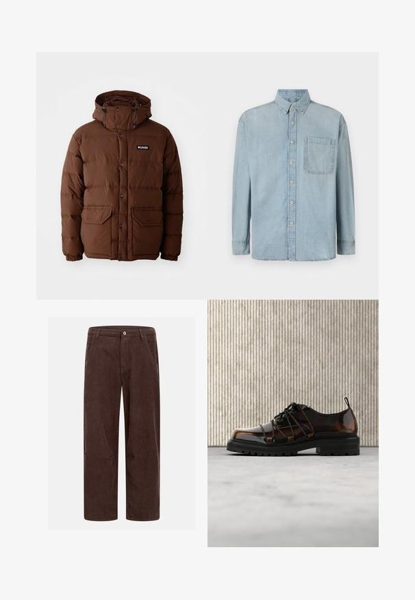 Brun pufferjakke med hætte, der har lynlås lukning, trykknapper og to forlommer. Fremstillet af quiltet, vandafvisende materiale.; Lyseblå denimskjorte med lange ærmer, knaplukning foran og en enkelt brystlomme. Har en klassisk krave og standard manchetter.; Brune ribbet kordfløjlsbukser med lige pasform, der har lukning med knapper foran, sidelommer og ribbet tekstur.; Blank brun lædersko med tyk sort sål og unik snøring, placeret på beige tæppe nær rundet orange møbel.