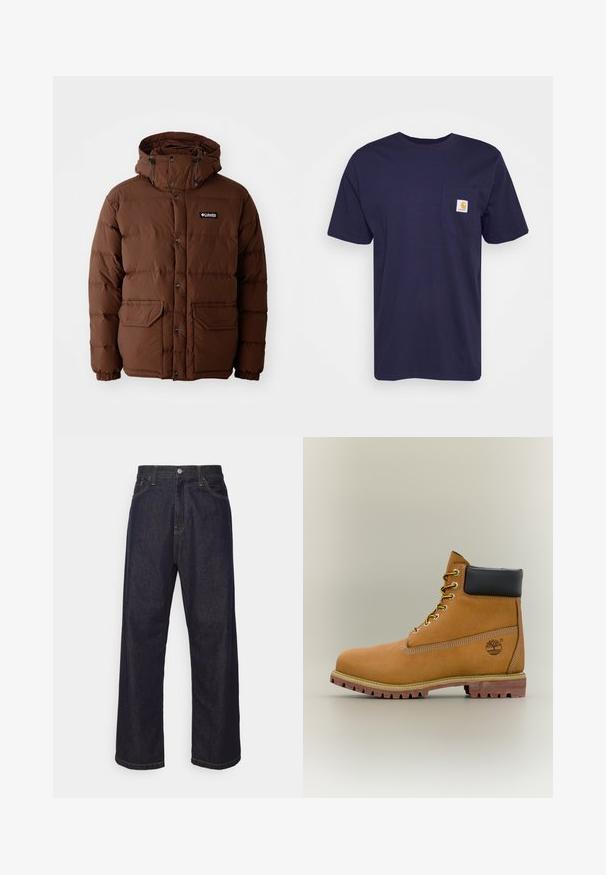Brun pufferjakke med hætte, der har lynlås lukning, trykknapper og to forlommer. Fremstillet af quiltet, vandafvisende materiale.; Marineblå bomulds T-shirt med korte ærmer, rund hals og lomme på venstre bryst med et gult og hvidt Carhartt logo broderet på.; Mørkeblå lige ben denim jeans med gul syning, frontknap, lynlås og fem-lommer design.; Brun læderankelstøvle med sort krave, gule snørebånd og tanfarvet sål. Har logo og hvide syninger som detalje. Robust ydersål med greb.