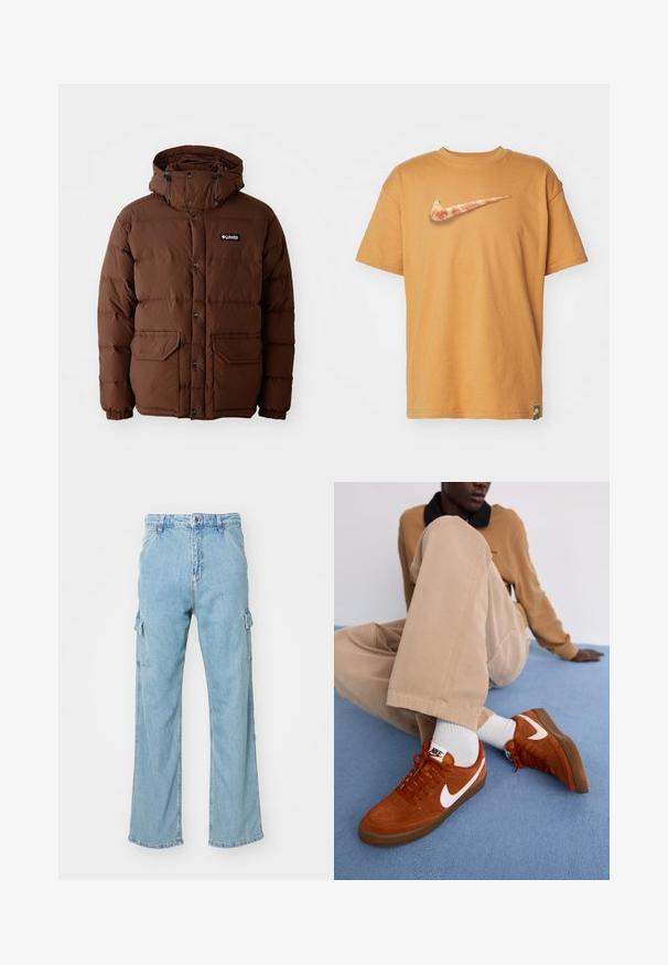 Chaqueta de plumón marrón con capucha, que cuenta con cierre de cremallera, botones a presión y dos bolsillos frontales. Fabricada con material acolchado y resistente al agua.; Nike Sportswear TEE - Camiseta estampada - flax; Pantalones cargo de denim azul claro con piernas anchas, que presentan dos bolsillos laterales y un cierre clásico de botones. Tejido texturizado con un acabado desteñido.; Zapatillas de ante marrón con el logo de Nike en blanco y suelas de goma, combinadas con pantalones beige claros y calcetines cortos blancos sobre una superficie azul.