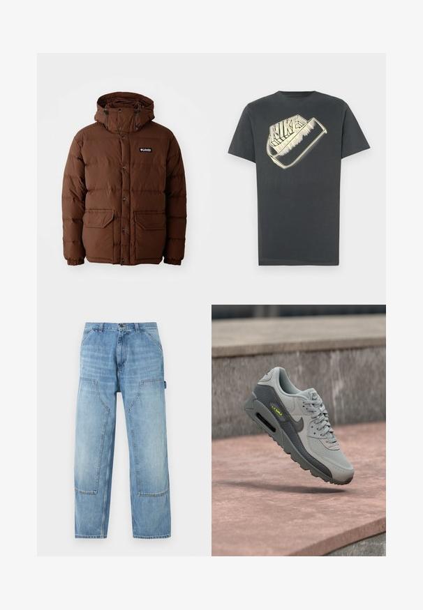 Braune Daunenjacke mit Kapuze, ausgestattet mit einem Reißverschluss, Druckknöpfen und zwei Fronttaschen. Hergestellt aus steppbarem, wasserabweisendem Material.; Dunkelgraues Baumwoll-T-Shirt mit rundem Halsausschnitt. Auf der Vorderseite befindet sich ein großes, stilisiertes "Nike"-Logo in einer helleren Farbe.; Hellblaue Jeans-Zimmermannshose mit großen aufgesetzten Taschen vorne und einer Hammerschlaufe auf der rechten Seite, gerade geschnittener Beinverlauf.; Grauer Nike Air Max Sneaker mit schwarzem Swoosh, Mesh- und Lederdetails, der über einer rosafarbenen Steinoberfläche und einem Betonhintergrund schwebt.