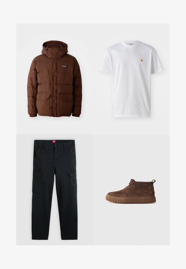 Braune Daunenjacke mit Kapuze, ausgestattet mit einem Reißverschluss, Druckknöpfen und zwei Fronttaschen. Hergestellt aus steppbarem, wasserabweisendem Material.; Weißes Baumwoll-T-Shirt mit kurzen Ärmeln, Rundhalsausschnitt, mit einem kleinen goldenen Logo im linken Brustbereich. Weicher Stoff und normale Passform.; Schwarze Cargohose aus Baumwolle, mit zwei Seitentaschen, zwei Oberschenkeltaschen, einem Knopfverschluss vorne und geradem Bein.; Braune Wildleder-Ankle Boots mit einer strukturierten, genoppten Gummisohle und einem Zugschlaufen hinten. Schnürdesign mit minimalen Nähdetails.