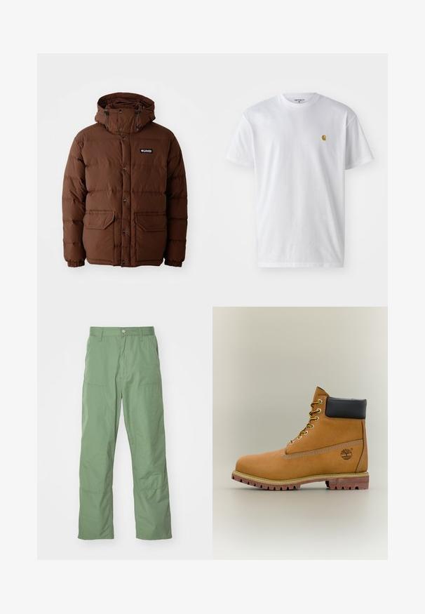 Braune Daunenjacke mit Kapuze, ausgestattet mit einem Reißverschluss, Druckknöpfen und zwei Fronttaschen. Hergestellt aus steppbarem, wasserabweisendem Material.; Weißes Baumwoll-T-Shirt mit kurzen Ärmeln, Rundhalsausschnitt, mit einem kleinen goldenen Logo im linken Brustbereich. Weicher Stoff und normale Passform.; Hellgrüne, lässige Hose mit glatter Textur, ausgestattet mit Seitentaschen und sichtbaren Nähten. Vollständig lang mit geradem Bein.; Brauner Leder-Stiefelette mit schwarzem Kragen, gelben Schnürsenkeln und hellbrauner Sohle. Verfügt über ein Logo und weiße Ziernähe. Robuste Profilsohle.