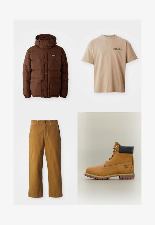 Brun pufferjakke med hætte, der har lynlås lukning, trykknapper og to forlommer. Fremstillet af quiltet, vandafvisende materiale.; Beige bomulds-T-shirt med korte ærmer og rund hals. Har "DICKIES" printet i sort på venstre bryst. Klassisk pasform og glat tekstur.; Brune bomuldsbukser med lige pasform, forstærkede sømme og sidelommer. Har en knaplukning og bæltestropper i taljen.; Brun læderankelstøvle med sort krave, gule snørebånd og tanfarvet sål. Har logo og hvide syninger som detalje. Robust ydersål med greb.