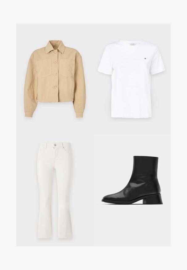 Chaqueta corta beige hecha de tela acanalada, con un cuello puntiagudo, mangas largas y dos bolsillos frontales con botones redondos.; Camiseta de algodón blanca con mangas cortas, cuello redondo y un pequeño logotipo bordado en el pecho. Textura suave y corte clásico.; Jeans acampanados blancos de denim con una cintura ajustada, cinco bolsillos y un cierre frontal con cremallera. Textura suave y diseño limpio.; Botín negro de tobillo hecho de cuero brillante, con un diseño elegante, punta afilada y un tacón bloque moderado para mayor estabilidad.