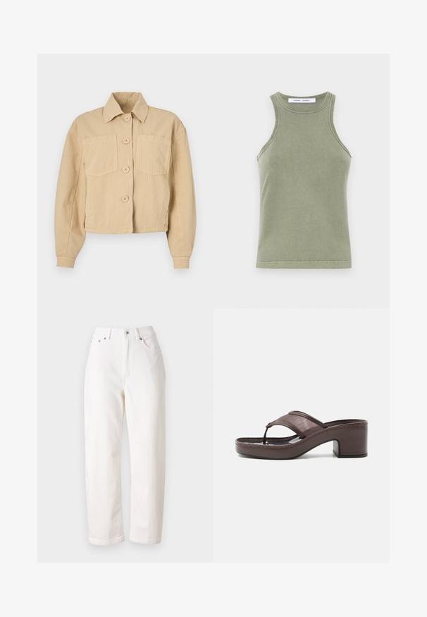 Beige cropped blazer van ribstof, met een puntige kraag, lange mouwen en twee voorzakken met ronde knopen.; Olijfgroene tanktop van zachte katoen, met een ronde halslijn, mouwloos ontwerp en gestikte randen. Eenvoudige, getailleerde stijl.; Witte spijkerbroek van denim met een rechte pijp, hoge taille, ritssluiting en metalen knoopsluiting. Beschikt over vijf zakken en subtiele stiksels.; Bruine sandaal met hak, voorzien van een mesh bandje en teenslipperontwerp, met blokhak en gestikte zool, zijaanzicht op witte achtergrond.