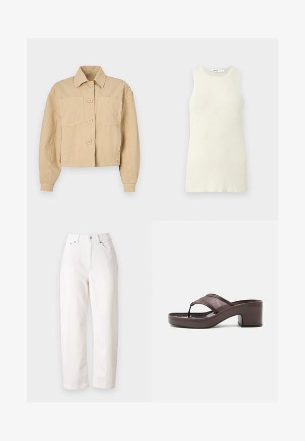 Beige cropped jakke lavet af ribbet stof, med spids krave, lange ærmer og to forlommer med runde knapper.; Udenærmet cremet top lavet af ribbet stof, med rund halsudskæring og tætsiddende design. Ingen synlige mønstre eller accenter.; Hvide denim jeans med lige ben design, høj talje, lynlås og metallukning. Har fem lommer og diskret syning.; Brun sandal med hæl med mesh-rem og tæst design, med blokhæl og syet sål, vist i profil mod hvid baggrund.