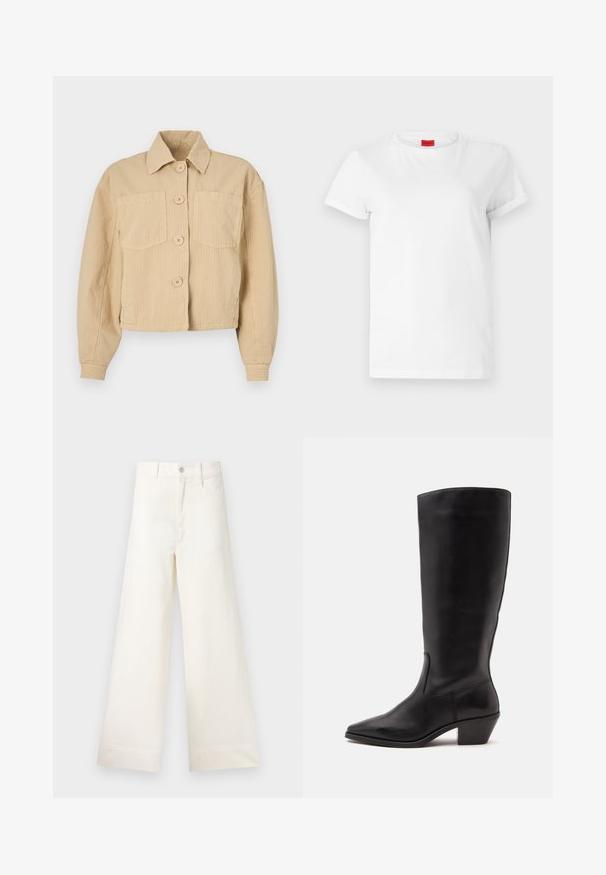 Beige cropped jakke lavet af ribbet stof, med spids krave, lange ærmer og to forlommer med runde knapper.; Hvid kortærmet t-shirt lavet af letvægts bomuld. Har en rund halsudskæring og rullede ærmer. Rød logoetiket på kraven.; Bredde benbukser i lys beige bomuld. Har høj talje, for- og baglommer samt lige pasform. Renset kantafslutning uden mønstre.; Sort læderstøvle til midtkalv med spids tå og lavt skråt hæl på en enkel lys baggrund.