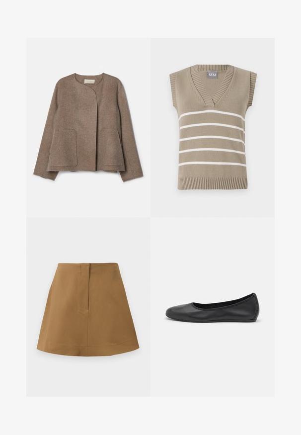 Vanessa Bruno CHANN - Veste légère - taupe; Haut tricot beige sans manches avec un décolleté en V, présentant des rayures blanches horizontales et un ourlet côtelé. Étiquette marquée "MM" au niveau du col.; Jupe marron avec une silhouette évasée, fabriquée en tissu lisse. Présente une taille simple et un détail de couture au dos.; Ballerines en cuir noir avec un bout rond, texture lisse, détails de couture minimalistes et design de semelle flexible.