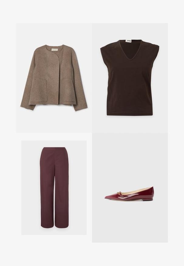 Vanessa Bruno CHANN - Veste légère - taupe; Haut sans manches marron foncé à col en V avec une large coupe aux épaules et une petite étiquette de marque blanche à l'intérieur de l'encolure.; Pantalon marron taille haute à jambes larges avec un devant lisse et des poches latérales, présenté sur un fond clair uni.; Ballerines en cuir verni bordeaux avec un bout pointu, présentant un petit détail découpé et un petit talon. Texture lisse et design épuré.