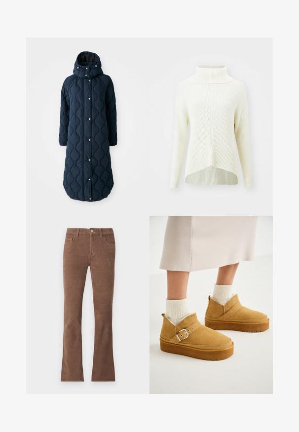 Tikkidega tume navy pikk jope kapuutsiga, varustatud nööpide, elastsete mansettide ja mustrilise tekstuuriga, et tagada lisasoojus.; ONLY ONLKATIA SADDLE ROLL NECK - Džemper - whitecap gray melange; Pruunid sametpüksid nupu ja luku kinnitusega, viie taskuga stiil ning veidi lehvitatud sääreosaga.; Küpsed sukanahast pahkluysaapad, millel on lame tald, nööri ansambliga ja pehme sisekattega, koos ribastatud kreemjate sokkidega.