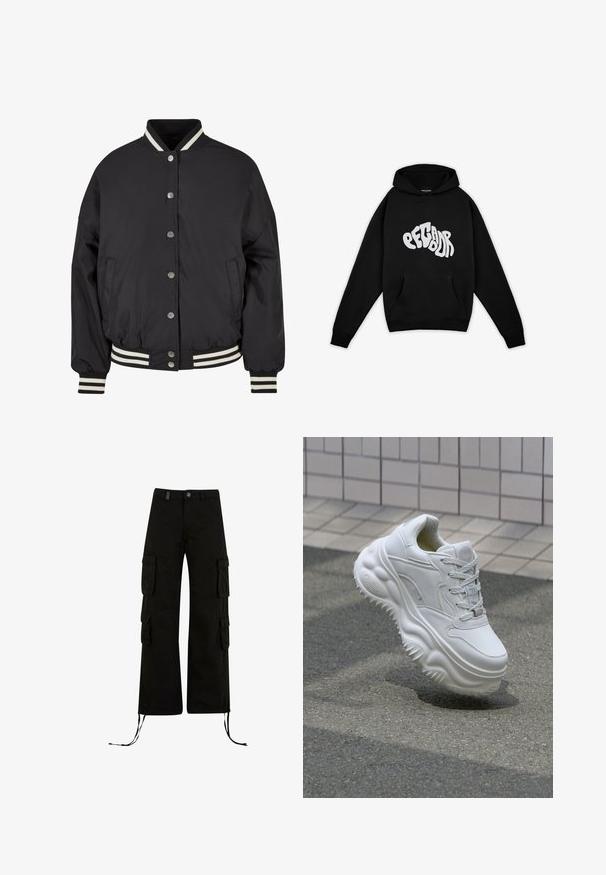 Sort bomberjakke med hvide striber i ribkant ved kraven og mancherne. Har trykknapper og sidelommer, designet med en struktureret pasform.; Pegador PALUMA OVERSIZED HOODIE - Sweatshirt - black; Sorte cargo bukser med en afslappet pasform, der har cargolommer på siderne, snøre i kanten og en knaplukning i taljen.; Hvide lædersneakers med en kraftig sål, teksturerede detaljer og snørelukning. Har formede accenter og en glat finish.
