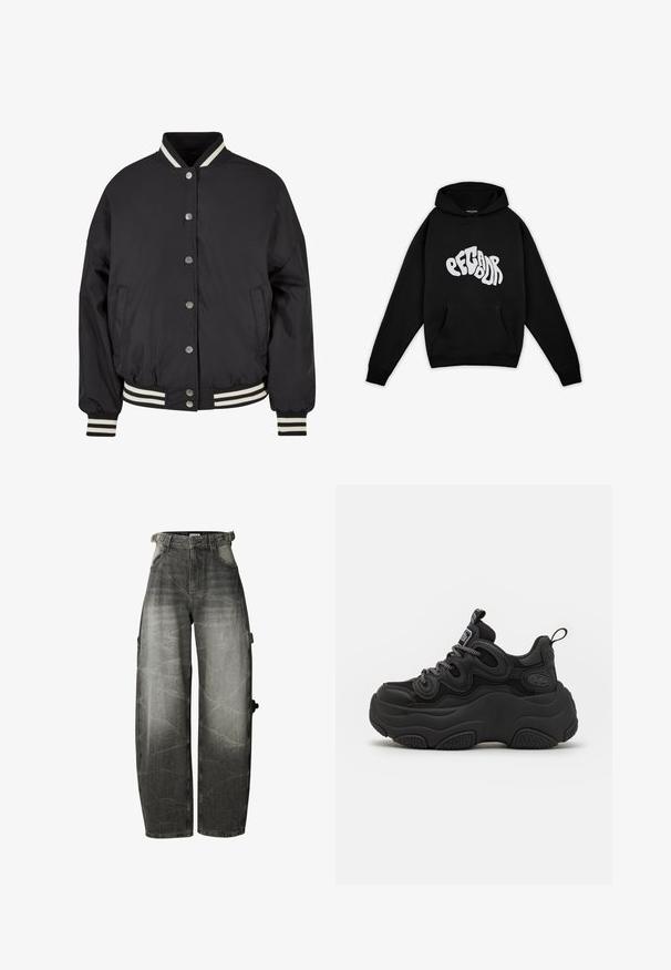 Sort bomberjakke med hvide striber i ribkant ved kraven og mancherne. Har trykknapper og sidelommer, designet med en struktureret pasform.; Pegador PALUMA OVERSIZED HOODIE - Sweatshirt - black; Sorte jeans med vide ben, høj talje, forlommer og bæltestropper, med en lomme detalje på højre ben.; Sorte sneakers med en chunky design, der har en tekstureret overdel, mesh-paneler og tyk gummisål. Reflekterende snørebånd og branddetaljer er synlige.