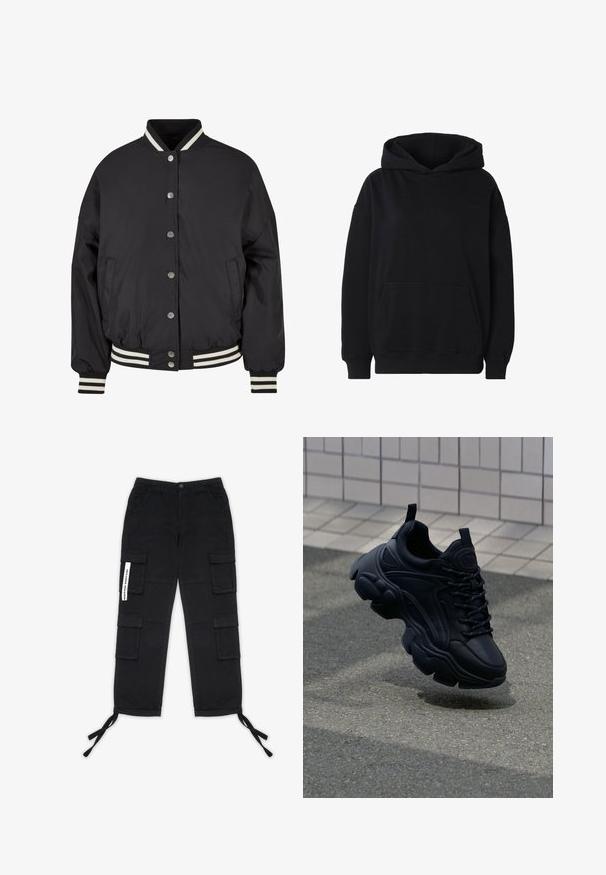 Veste bomber noire avec col et poignets côtelés rayés blancs. Présente des boutons-pression et des poches latérales, conçue avec une coupe structurée.; Sweat à capuche noir avec poche kangourou à l'avant, poignets et ourlet côtelés, et capuche sans cordons de serrage.; Pegador TANAMI WIDE PANTS - Pantalon cargo - black; Baskets en cuir noir au design chunky, avec une semelle épaisse, des panneaux texturés et des lacets noirs. Flottant au-dessus d'un pavé gris.