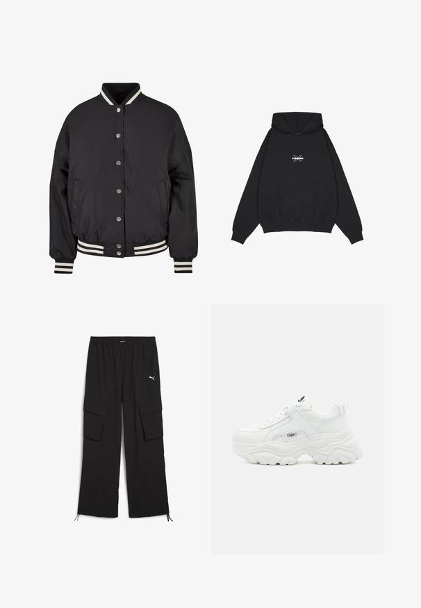 Sort bomberjakke med hvide striber i ribkant ved kraven og mancherne. Har trykknapper og sidelommer, designet med en struktureret pasform.; Pegador BELLY OVERSIZED HOODIE - Hættetrøje - washed black; Svarte cargo-bukser med bred ben-design, elastisk talje, to sidelommer og snoretræk ved kanten. Har et lille hvidt logo.; Hvide chunky sneakers med en glat læderoverdel, rund tå og tyk tekstureret sål med et synligt brandlogo på siden.