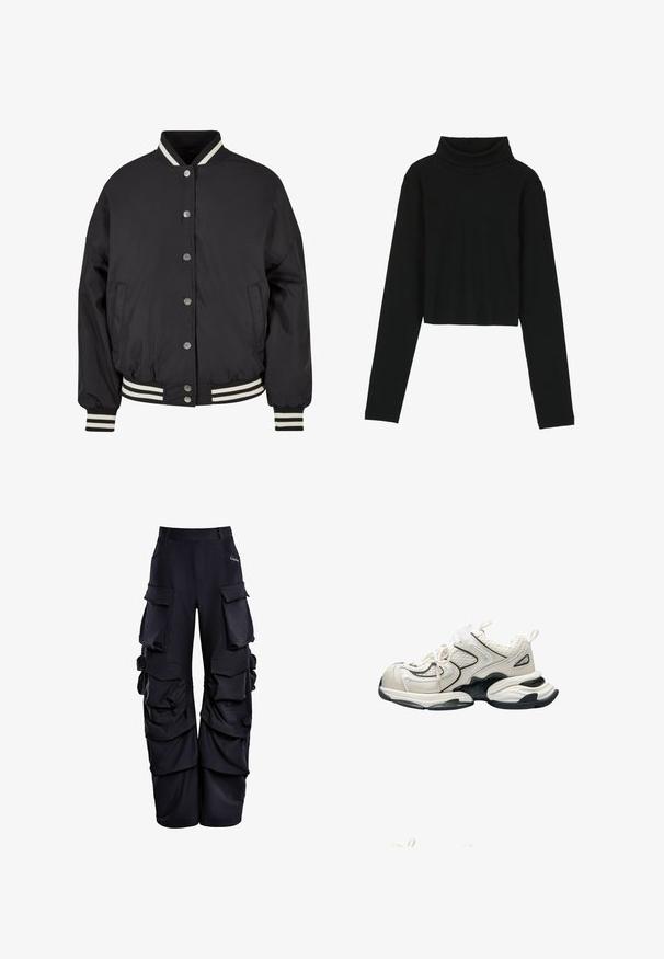 Sort bomberjakke med hvide striber i ribkant ved kraven og mancherne. Har trykknapper og sidelommer, designet med en struktureret pasform.; Even&Odd Langærmet T-shirt - black; Sorte cargo bukser lavet af struktureret stof, med flere store lommer, en afslappet pasform og fornæbbede detaljer langs siderne.; Kraftig hvid og sort atletiksko med mesh-paneler, tyk sål og trækflapper på hæl og tunge, vist fra siden.