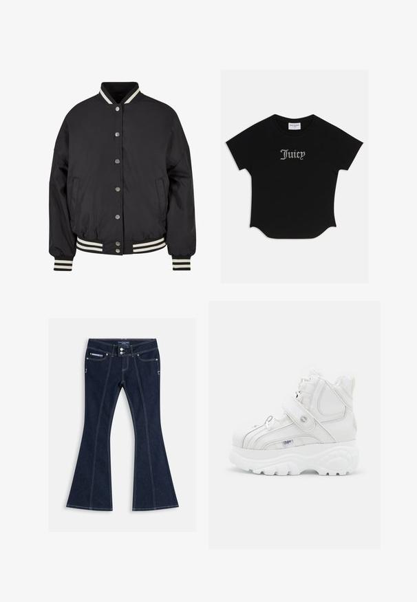 Chaqueta bomber negra con cuello y puños de canalé a rayas blancas. Presenta botones de presión y bolsillos laterales, diseñada con un ajuste estructurado.; Camiseta negra de manga corta con dobladillo redondeado y mangas raglán. Presenta un texto "Juicy" adornado con piedras de strass en el frente.; Vaqueros acampanados azul oscuro con costuras blancas, bolsillos delanteros, trabillas para cinturón y dos botones plateados en la cinturilla.; Zapatillas altas blancas de cuero, con correa de hebilla, puntera redonda, suela gruesa y detalles de costura vertical.