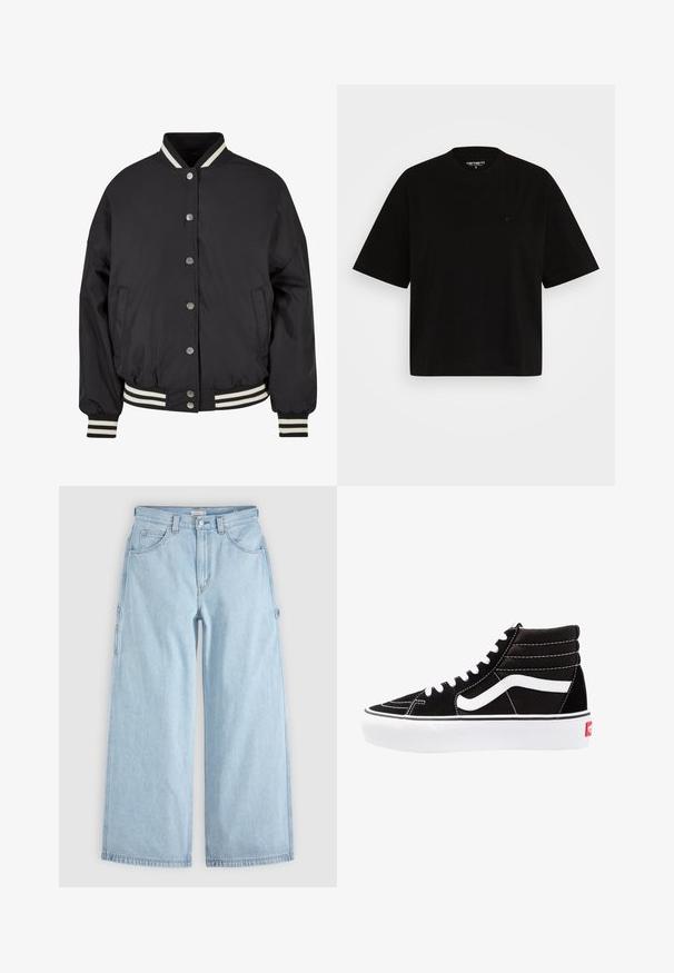 Chaqueta bomber negra con cuello y puños de canalé a rayas blancas. Presenta botones de presión y bolsillos laterales, diseñada con un ajuste estructurado.; Camiseta de algodón negra con un corte relajado, mangas cortas, cuello redondo y un pequeño detalle del logo en el lado izquierdo del pecho.; Vaqueros de mezclilla azul claro de pierna ancha con bolsillos delanteros, trabillas para cinturón y anillas laterales para herramientas, extendidos sobre un fondo gris.; Zapatillas altas negras con cordones blancos, un logo blanco y costuras en blanco que contrastan. Presentan una suela blanca gruesa y una parte superior de ante texturizado.