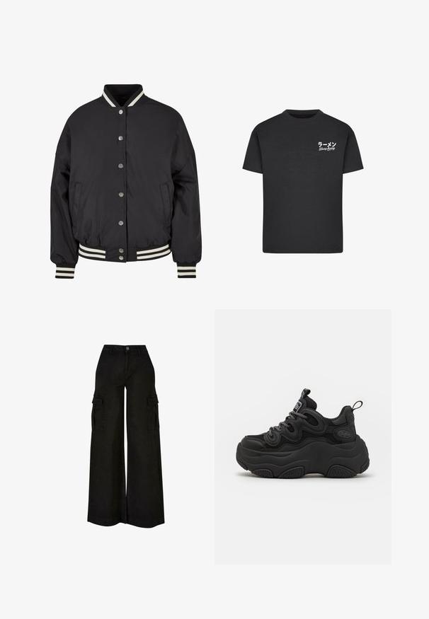 Veste bomber noire avec col et poignets côtelés rayés blancs. Présente des boutons-pression et des poches latérales, conçue avec une coupe structurée.; T-shirt noir en coton avec un col rond. Présente du texte blanc, y compris des caractères japonais et les mots "Slurp Away" sur la zone gauche de la poitrine.; Pantalon cargo noir à jambes larges, taille haute, bouton sur le devant, fermeture éclair, passants de ceinture et poches à rabat sur les deux cuisses.; Baskets noires au design chunky, avec une tige texturée, des panneaux en maille et une semelle en caoutchouc épaisse. Lacets réfléchissants et détails de marque visibles.