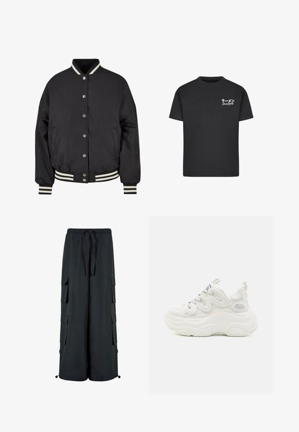Sort bomberjakke med hvide striber i ribkant ved kraven og mancherne. Har trykknapper og sidelommer, designet med en struktureret pasform.; Sort bomulds T-shirt med rund hals. Har hvid tekst, inklusive japanske tegn og "Slurp Away," på venstre brystområde.; Sorte cargo-lignende bukser med elastisk talje, snørre og sidelommer. Lavet af glat stof med en løstsiddende pasform.; Hvide chunky sneakers med overdel i mesh og syntetisk materiale, buet form, tekstureret sål og fremtrædende snøresystem med logo detaljer.