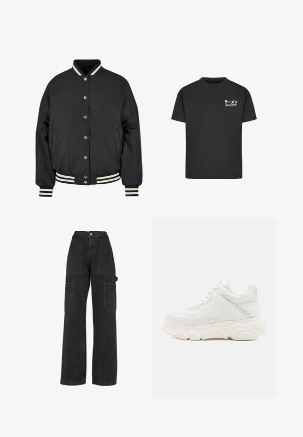Sort bomberjakke med hvide striber i ribkant ved kraven og mancherne. Har trykknapper og sidelommer, designet med en struktureret pasform.; Sort bomulds T-shirt med rund hals. Har hvid tekst, inklusive japanske tegn og "Slurp Away," på venstre brystområde.; Sorte denim cargo bukser med brede ben, flere pattes lommer og høj talje. Har knaplukning og solid syning.; Hvid chunky sneaker med tyk sål, snørelukning og "Buffalo" branding på siden og hælen.