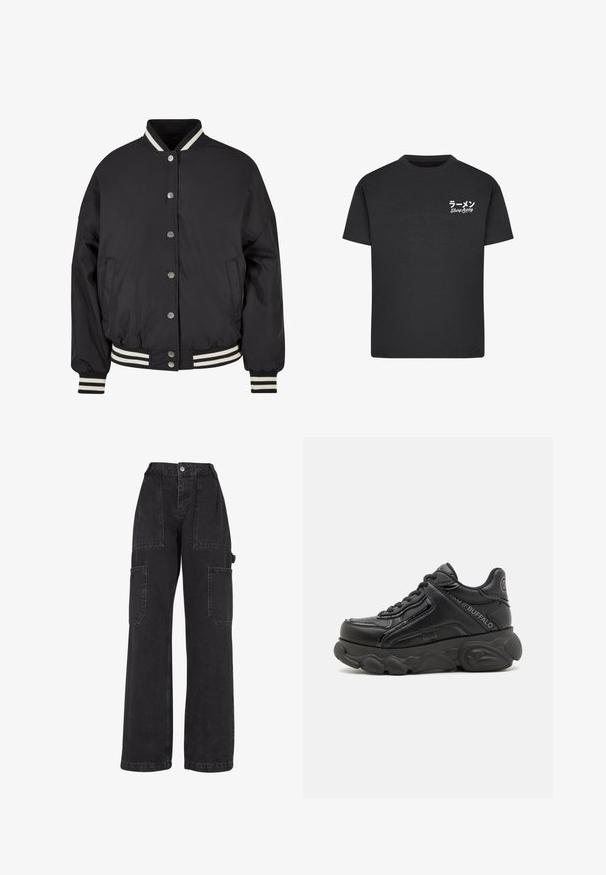 Sort bomberjakke med hvide striber i ribkant ved kraven og mancherne. Har trykknapper og sidelommer, designet med en struktureret pasform.; Sort bomulds T-shirt med rund hals. Har hvid tekst, inklusive japanske tegn og "Slurp Away," på venstre brystområde.; Sorte denim cargo bukser med brede ben, flere pattes lommer og høj talje. Har knaplukning og solid syning.; Sort chunky platform sneakers med tekstureret sål, snørebånd foran og mærkede detaljer på siden og hælen.