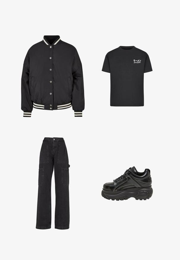Sort bomberjakke med hvide striber i ribkant ved kraven og mancherne. Har trykknapper og sidelommer, designet med en struktureret pasform.; Sort bomulds T-shirt med rund hals. Har hvid tekst, inklusive japanske tegn og "Slurp Away," på venstre brystområde.; Sorte denim cargo bukser med brede ben, flere pattes lommer og høj talje. Har knaplukning og solid syning.; Sorte sneakers med en shiny læderoverdel, kontrastfulde hvide syninger, tyk gummisål og polstret krave. Har snørebåndsdesign og teksturerede detaljer.