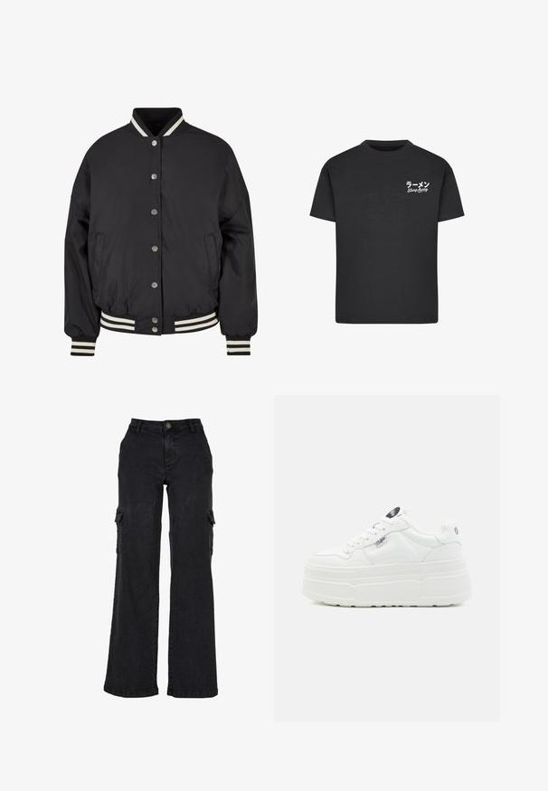 Chaqueta bomber negra con cuello y puños de canalé a rayas blancas. Presenta botones de presión y bolsillos laterales, diseñada con un ajuste estructurado.; Camiseta de algodón negra con cuello redondo. Presenta texto en blanco, incluyendo caracteres japoneses y "Slurp Away", en el área del pecho izquierdo.; Pantalones cargo negros de mezclilla, con un diseño de pernera ancha, bolsillos laterales y cierre de botón en la cintura. Textura suave sin patrones.; Zapatillas de plataforma blancas con un exterior sintético liso, punta redondeada, cuello acolchado y suela texturizada. Presenta una etiqueta de logo en contraste.