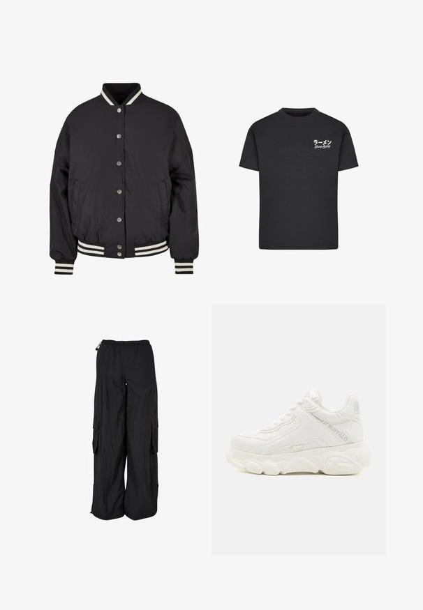 Sort bomberjakke med hvide striber i ribkant ved kraven og mancherne. Har trykknapper og sidelommer, designet med en struktureret pasform.; Sort bomulds T-shirt med rund hals. Har hvid tekst, inklusive japanske tegn og "Slurp Away," på venstre brystområde.; Svarte cargobukser med vidde ben, elastisk talje, sidelommer med klap og justerbare snore i talje og forneden.; Hvid chunky sneaker med tyk sål, snørelukning og "Buffalo" branding på siden og hælen.