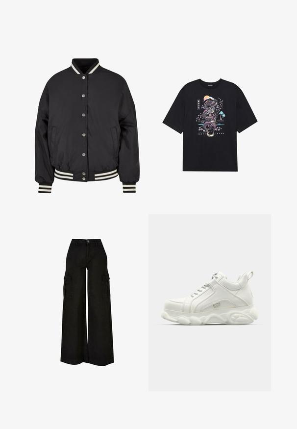 Chaqueta bomber negra con cuello y puños de canalé a rayas blancas. Presenta botones de presión y bolsillos laterales, diseñada con un ajuste estructurado.; Camiseta negra con un gráfico colorido de un dragón, flores de cerezo, sol y montaña. El texto dice "Tokio Japón" debajo del diseño.; Pantalones cargo negros de pierna ancha con cintura alta, botón delantero, cremallera, trabillas para cinturón y bolsillos con solapa en ambos muslos.; Zapatillas deportivas blancas con parte superior de cuero suave, suela redondeada y acento texturizado. Presentan cordones y una lengüeta en la parte posterior.