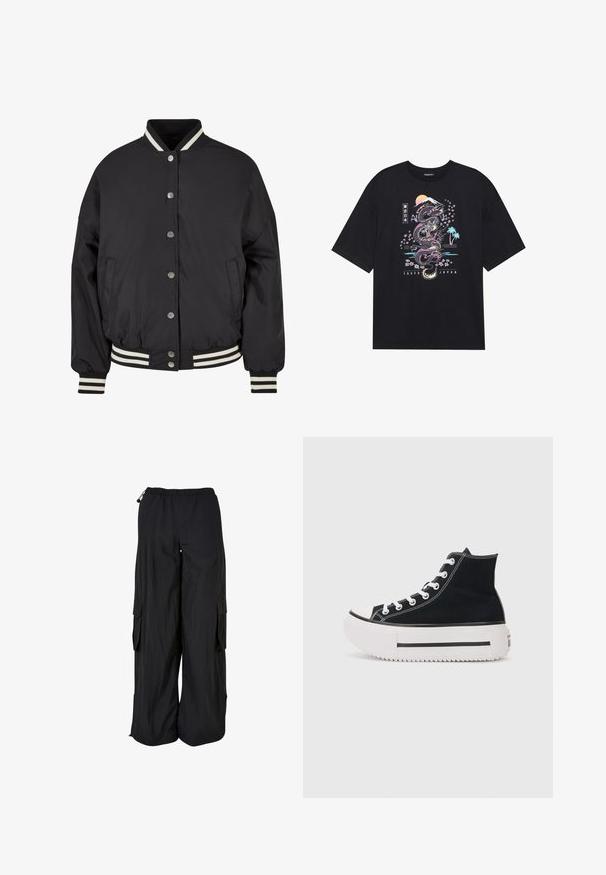 Chaqueta bomber negra con cuello y puños de canalé a rayas blancas. Presenta botones de presión y bolsillos laterales, diseñada con un ajuste estructurado.; Camiseta negra con un gráfico colorido de un dragón, flores de cerezo, sol y montaña. El texto dice "Tokio Japón" debajo del diseño.; Pantalones cargo negros de pierna ancha con cintura elástica, bolsillos laterales con solapa y cordones ajustables en la cintura y el dobladillo.; Zapatilla alta negra de lona, con costuras blancas, puntera de goma, suela gruesa blanca y detalle de franjas negras.